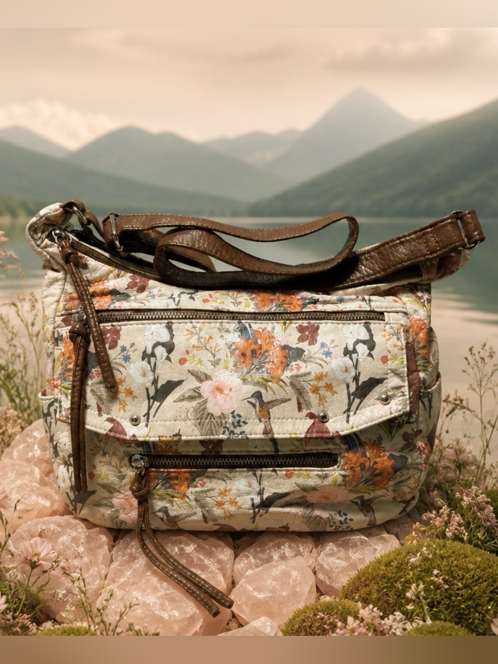 Bueno Floral Quilted Shoulder Bag in Cream and Brown